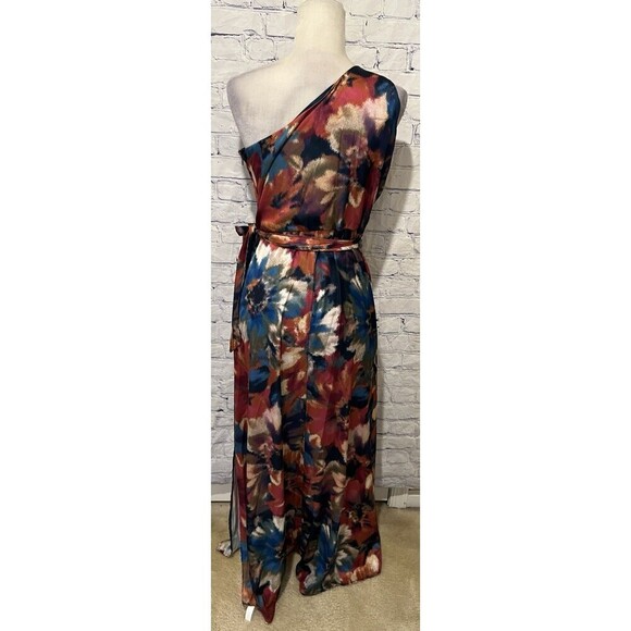 Nicole Miller NY Floral Silky Split Leg One Shoulder Maxi Dress Belted Size 6 - Picture 6 of 9
